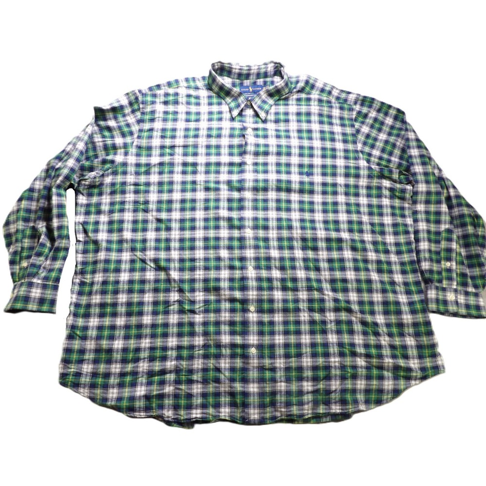 Ralph Lauren Men Performance Flannel Shirt 4XB Green Blue Plaid Button Down Pony